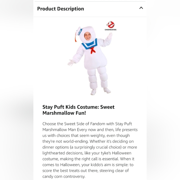 Vintage/Ghostbusters Stay Puft Marshmallow Man Kids Costume - White - Picture 5 of 5